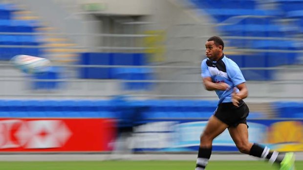 Sitiveni Waqa during the Fiji captain's run ahead of the Gold Coast Sevens. The New Zealand team were forced to train at a different venue afterseven players were trapped in a hotel lift.