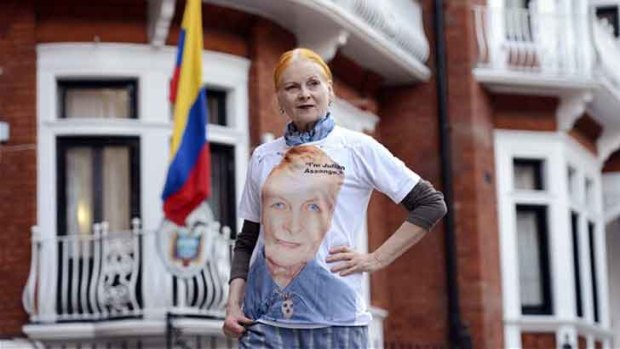 Vivienne Westwood wearing her Julian Assange T-shirt.