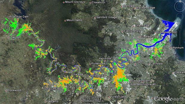 A map showing which parts of southeast Queensland should not have flooded (in green). Yellow marks parts that would have got 6 inches or more.