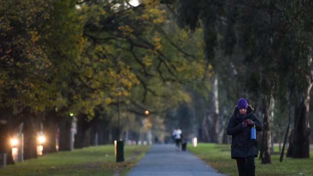 MELBOURNE, AUSTRALIA - MAY 31:  A commuter is seen walking at Royal Park in the cold conditions this morning on the last day of autumn on May 31, 2016 in Melbourne, Australia.  (Photo by Vince Caligiuri/Fairfax Media)