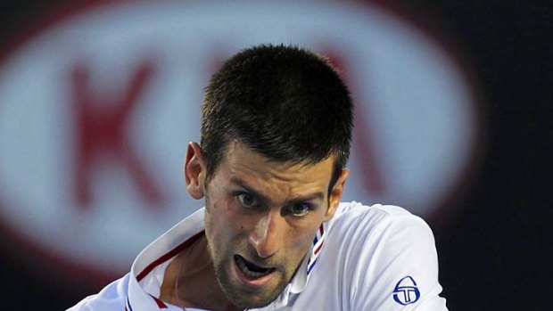On the job: world No. 1 Novak Djokovic hits out.