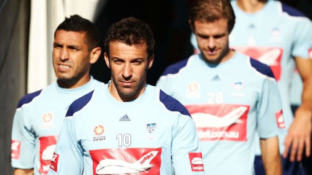Taking control: Sydney FC captain Alessandro Del Piero leads teammates onto the field for training on February 13. He held a players-only meeting during the week in which he reportedly called for an attitude adjustment.