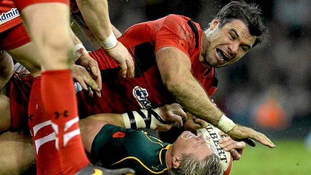 Mike Phillips tackles South Africa's Jean de Villiers. Wales have not beaten a southern hemisphere power since 2009.