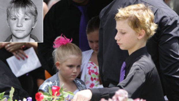 Family and friends gathered yesterday for the funeral of Donna and Jordan Rice. Jordan, inset, drowned after telling rescuers to save his younger brother Blake, above.