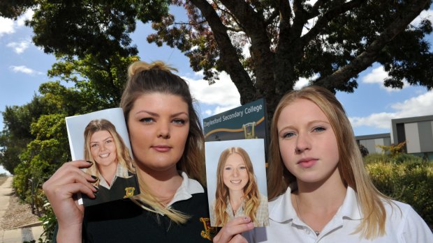 Daylesford Secondary School students Jacki Lipplegoes (l) and Annemieke Visser (r) with their airbrushed school photos