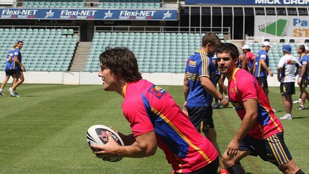 Forward motion ... Joel Reddy in training for the Eels.  The club has taken its recruitment drive all the way to India, enlisting Bollywood star Nandamuri Balakrishna to connect with the area’s residents of Indian descent.
