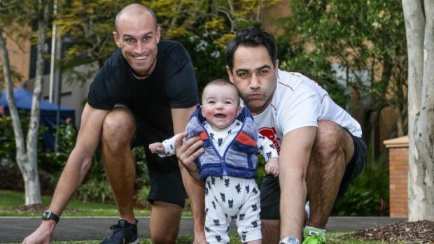 Fitzy and Wippa with Wippa's son Ted as they prepare to run the City2Surf.