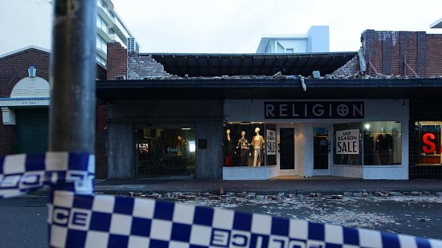 Cordoned off ... the roof of a shop was blown off in Bondi.
