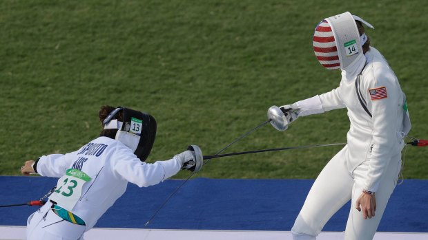 Fencing form: Esposito (left) in action against Isabella Isaksen of the USA.
