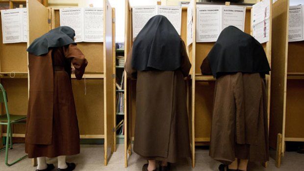 Nuns vote at a booth near Dublin.