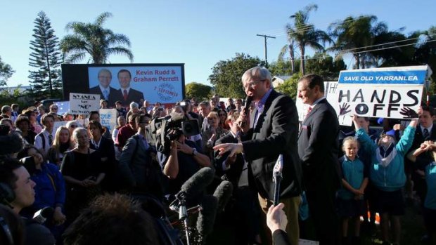 Former Prime Minister Kevin Rudd attended a rally with local member Graham Perrett outside the Nyanda High School in Brisbane on Tuesday 20 August 2013. Election 2013. Photo: Andrew Meares