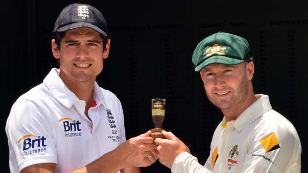 English captain Alastair Cook and Michael Clarke with the Ashes urn.