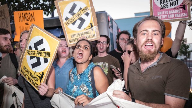 Demonstrators outside the Paddington Ale House where Pauline Hanson was speaking to party faithful ahead of this weekend's Stae Election in Western Australia. Pic:Tony McDonough Story:Matthew Knott .