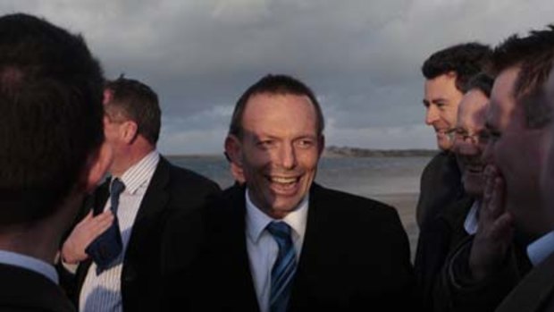 Opposition Leader Tony Abbott with South Australian MPs and Senators at the mouth of the Murray River on Hindmarsh Island, South Australia.