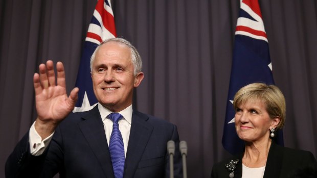 Malcolm Turnbull was accompanied by his deputy Julie Bishop (pictured) and wife Lucy, having just delivered his first press conference as Prime Minister, when he had the insult hurled at him.