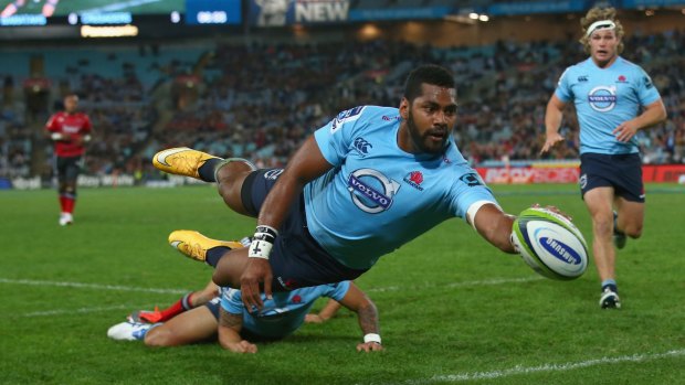 Taqele Naiyaravoro of the Waratahs scores a try during the round 15 Super Rugby match between the Waratahs and the Crusaders.