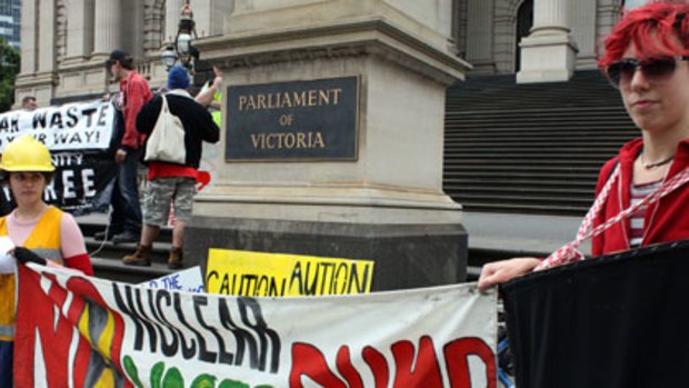 Anti-nuclear protesters outside Parliament House.