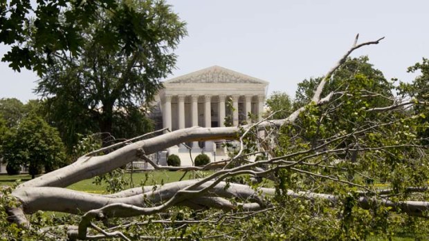 An American beech tree lies in front of the U.S. Supreme Court, background, after powerful storms swept across the eastern U.S.
