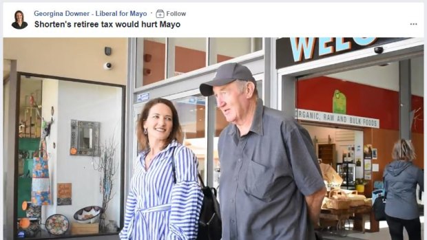 Liberal candidate for Mayo Georgina Downer and Jim Bonner in a still from the campaign video.