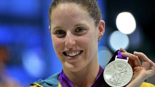 Australia's Alicia Coutts holds her silver medal during the women's 200m individual medley victory ceremony at the London 2012 Olympic Games.