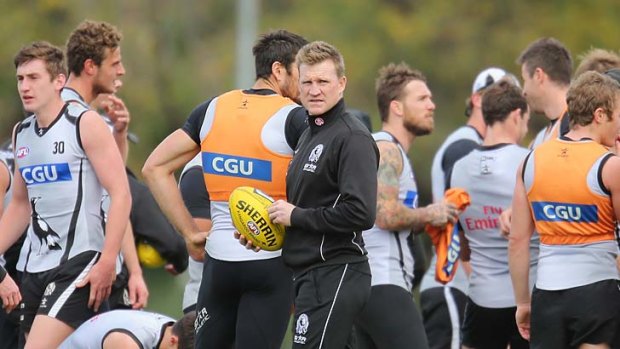 In control: Collingwood coach Nathan Buckley at training on Wednesday.