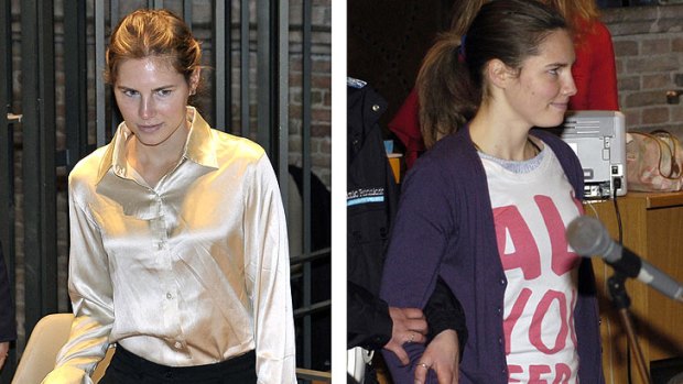 Strain showing... A confident  Amanda Knox fronts court in 2009 dressed in a Beatles 'All You Need is Love' t-shirt that caused a minor scandal, right, in contrast to a more demure appearance at her appeal in May 2011 appeal.
