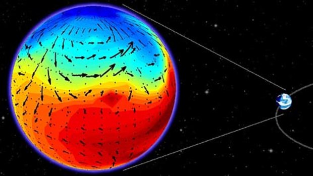 A model of the possible surface temperatures of planet Gliese 581d that orbits a red dwarf star called Gliese 581 (R), located about 20 light years from Earth.