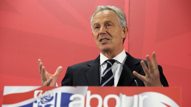 Former British Prime Minister Tony Blair speaks during a visit to the Hitachi factory in his former constituency in Newton Aycliffe, England.