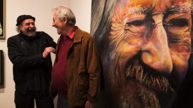 Bruno Jean Grasswill poses with Michael Caton after his portrait of Michael won this year's Packer's Award in the annual Archibald Prize.