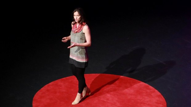 Pip Seldon on the famous red dot at last year's TEDx Canberra event. Pip was 'discovered' at last year's open mic night, when she spoke on her Healthy Tradie project.