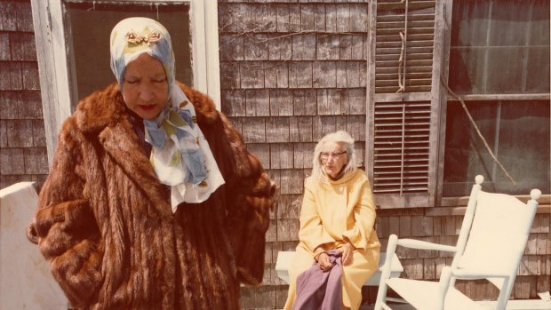 The Bouvier Beales in front of their home, Grey Gardens, in the documentary.