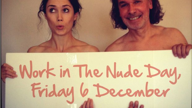 Flying Solo editor Jodie McLeod and director Robert Gerrish celebrate Work in the Nude day