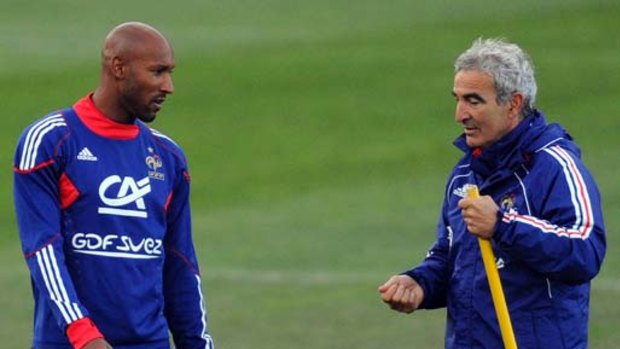 France coach Raymond Domenech and striker Nicolas Anelka during a training session before the World Cup.