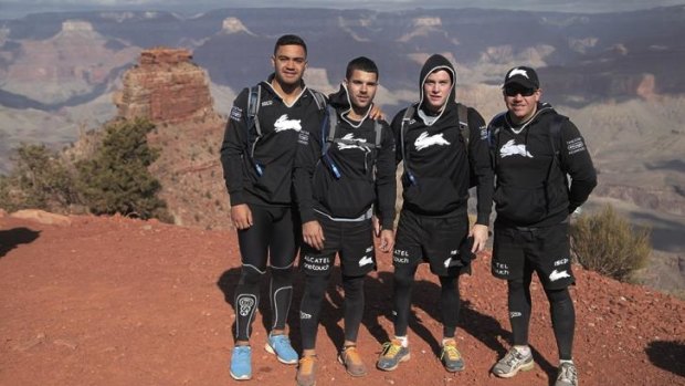 Grand plans: Dylan Walker, Adam Reynolds, Luke Keary  and Rabbitohs high-performance manager Troy Thompson at the Grand Canyon last November.