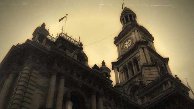 Makeover ... the Sydney Town Hall and clock tower yesterday, photographed on an iPhone using the Old Photo app.