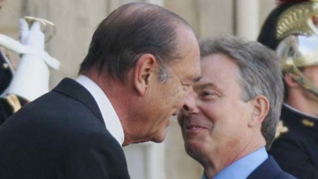 French President Jacques Chirac, left, greets British Prime Minister Tony Blair in May 2007