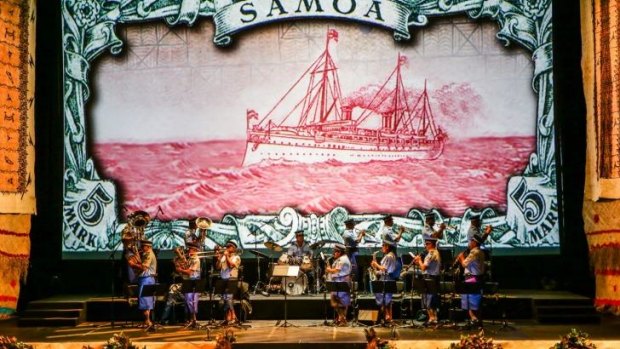 The Samoan Police marching band perform as part of a video installation at Carriageworks. 