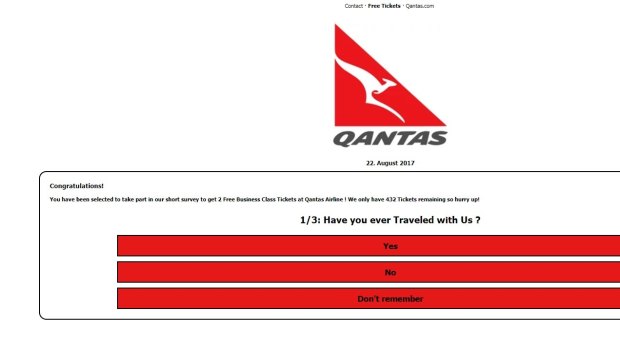 The fake Qantas website that the 'free flight' posts will take users to.