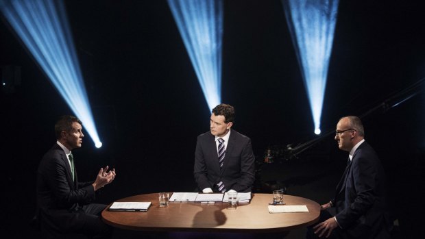  NSW Premier Mike Baird, Channel 7's  Mark Ferguson and Opposition Leader Luke Foley at the second debate on Sunday.