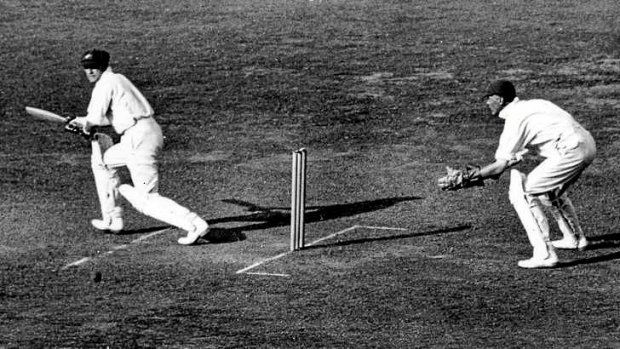 Don Bradman at the crease during a Test match in England in 1934.