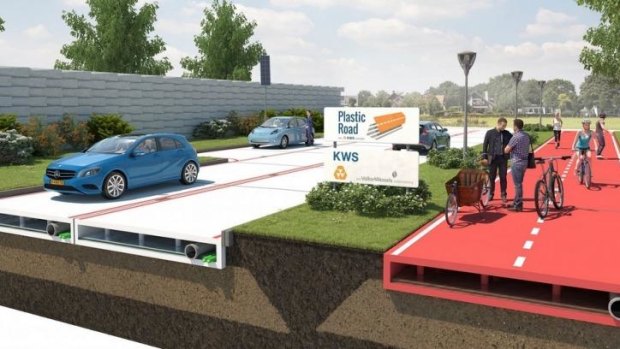Artists' impression of recycled plastic roads proposed for Rotterdam.