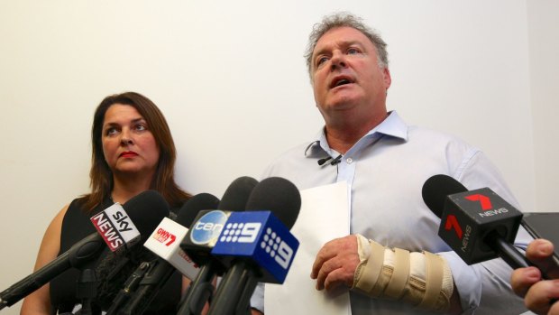 Senator Rod Culleton holds a press conference with his wife Ioanna Culleton - the former One Nation senator was involved in a scuffle outside a Perth court this week.