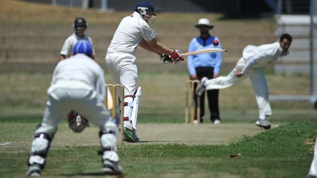 Tuggeranong batsman Matt Floros gets a nick and is caught in slips by Vele Dukoski off the bowling of Guy Gillespie.