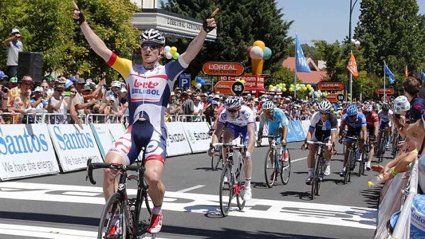 Victor ... Andre Greipel wins the first stage of the Tour Down Under, ending at Lobethal in the Adelaide hills.