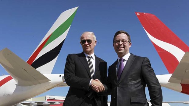 Emirates chief Tim Clark and and Alan Joyce from Qantas at the announcement of their partnership in September.