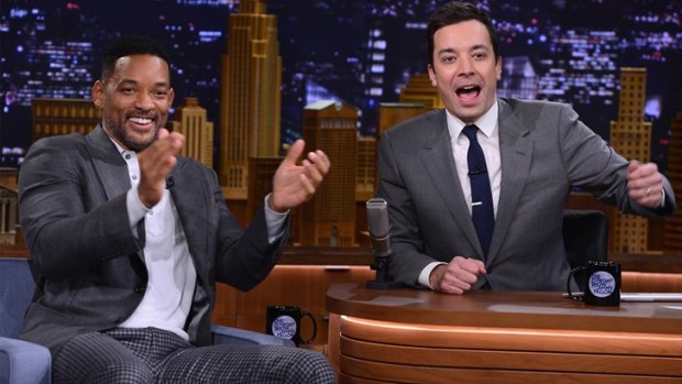 At the Rockefeller .... Actor Will Smith joins Jimmy Fallon on his debut on <i>The Tonight Show</i> as host since Jay Leno's departure.