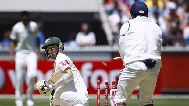 Australia's Nathan Lyon is bowled behind his legs.