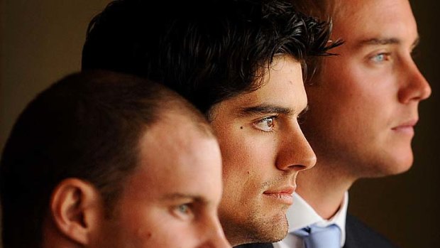 Retiring England Test cricket captain Andrew Strauss (left), the new captain of England's one-day international side Alastair Cook (centre), and new captain of England's Twenty20 side Stuart Broad in the Long Room at Lord's cricket ground.