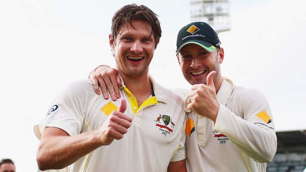 Friends again: Michael Clarke and Shane Watson are on better terms after the Ashes triumph.