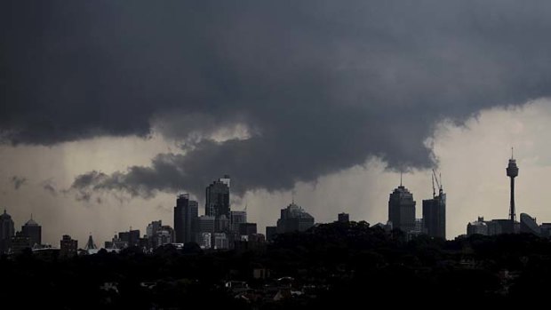 The storm begins to arrive over inner Sydney.